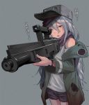  1girl aimpoint assault_rifle black_scarf blush commentary_request flat_chest g11_(girls_frontline) girls_frontline green_headwear green_jacket grey_background gun h&amp;k_g11 hair_between_eyes hat jacket long_hair looking_at_viewer rifle scarf scarf_on_head shiny shiny_hair shirt silver_hair soguma translation_request weapon white_shirt 