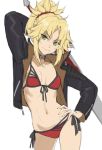  1girl arm_behind_back arm_up bangs bikini black_jacket blonde_hair braid breasts clarent closed_mouth collar collarbone fate/apocrypha fate_(series) french_braid green_eyes hair_ornament hair_scrunchie hand_on_hip highres jacket long_hair long_sleeves looking_at_viewer mordred_(fate)_(all) mordred_(swimsuit_rider)_(fate) navel open_clothes open_jacket ponytail red_scrunchie scrunchie side-tie_bikini sidelocks simple_background small_breasts smile solo swimsuit sword thighs tonee weapon zipper_pull_tab 