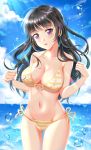  1girl absurdres ass_visible_through_thighs bang_dream! bikini black_hair blue_sky breasts chinese_commentary cleavage cloud commentary_request cowboy_shot day front-tie_top groin highres horizon large_breasts light_rays long_hair navel ocean outdoors purple_eyes shirokane_rinko side-tie_bikini sky solo standing striped striped_bikini sunbeam sunlight swimsuit water_drop yellow_bikini yohane_yoshiko 