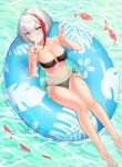  1girl admiral_graf_spee_(azur_lane) animal azur_lane bangs bare_arms bare_legs bare_shoulders barefoot bikini black_bikini blue_eyes breasts cleavage collarbone commentary_request eyebrows_visible_through_hair fish food hands_up highres holding holding_food ice_cream innertube kinsenka_momi medium_breasts multicolored_hair navel o-ring o-ring_bikini o-ring_top partially_submerged red_hair side-tie_bikini silver_hair solo strapless strapless_bikini streaked_hair swimsuit v water 