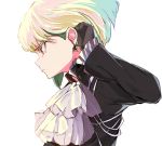  1boy asyde black_jacket cravat earrings frilled_shirt_collar frilled_sleeves frills green_hair jacket jewelry lio_fotia male_focus profile promare short_hair solo 