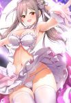  1girl :d armpits ass_visible_through_thighs bangs blurry_foreground blush breasts cameltoe cleavage commentary_request dress eyebrows_visible_through_hair grey_hair hair_ornament halter_dress highres idolmaster idolmaster_cinderella_girls idolmaster_cinderella_girls_starlight_stage kanzaki_ranko kazu long_hair looking_at_viewer medium_breasts navel open_mouth outstretched_arms panties pleated_dress reaching_out red_eyes revision skirt skirt_lift sleeveless smile standing thick_thighs thigh_gap thighhighs thighs twintails underwear white_dress white_legwear white_panties wrist_cuffs 