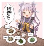  1girl bangs bell_pepper blue_kimono blush bow bowl brown_bow brown_hair chopsticks eyebrows_visible_through_hair food grey_ribbon hair_ribbon hikawa_kyoka japanese_clothes kimono long_hair long_sleeves open_mouth pepper pink_background plate pointy_ears princess_connect! princess_connect!_re:dive purple_hair ribbon ringlets solo tears translated twintails very_long_hair wavy_mouth wide_sleeves yukie_(kusaka_shi) 