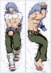  1boy abs barefoot blue_hair bow crop_top cuffs dakimakura greaves hair_bow long_hair low-tied_long_hair manly multiple_views muscle pectorals regal_bryan shackles shirtless tales_of_(series) tales_of_symphonia toes undone_belt zyunya 