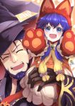 1boy 1girl animal_ears beard blue_eyes blue_hair closed_eyes dress facial_hair father_and_daughter fire_emblem fire_emblem:_the_binding_blade fire_emblem:_the_blazing_blade fire_emblem_heroes halloween hat hector_(fire_emblem) highres jewelry lilina_(fire_emblem) long_hair nakabayashi_zun older open_mouth paw_pose paws short_hair wolf_ears wolf_girl younger 