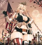  1girl absurdres aircraft airplane american_flag american_flag_legwear ashigara_(kantai_collection) atago_(kantai_collection) balloon bare_shoulders blonde_hair blue_eyes blush breasts chain character_request cityscape clock cloud commentary custom_maid_3d_2 ffkw fingerless_gloves fireworks flag flag_print front-tie_top fusou_(kantai_collection) gambier_bay_(kantai_collection) garter_straps gloves hair_between_eyes hand_on_hip headgear highres iowa_(kantai_collection) kantai_collection lamppost large_breasts long_hair miniskirt mismatched_legwear murakumo_(kantai_collection) mutsu_(kantai_collection) navel open_mouth railing sendai_(kantai_collection) size_difference skirt sky star star-shaped_pupils striped striped_legwear symbol-shaped_pupils takao_(kantai_collection) tatsuta_(kantai_collection) tenryuu_(kantai_collection) thighhighs thighs vertical-striped_legwear vertical-striped_skirt vertical_stripes waving yamashiro_(kantai_collection) yamato_(kantai_collection) z1_leberecht_maass_(kantai_collection) z3_max_schultz_(kantai_collection) 