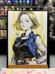 1girl 2019 android_18 arm_at_side belt black_shirt blonde_hair blue_eyes breast_pocket breasts commentary denim denim_jacket denim_skirt dragon_ball dragon_ball_z earrings english_commentary expressionless eyelashes fingernails floating_hair hand_on_hip hoop_earrings jewelry lips long_sleeves looking_at_viewer marker_(medium) medium_breasts outline parted_lips photo pocket shiny shiny_hair shirt short_hair signature simple_background skirt solo stanley_lau straight_hair striped striped_shirt traditional_media waistcoat white_background yellow_outline 