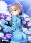  1girl ahoge artoria_pendragon_(all) blonde_hair blue_eyes blue_flower blue_ribbon blue_sweater blue_umbrella blurry blurry_background braid braided_bun closed_mouth cloud copyright_name cowboy_shot dress eyebrows_visible_through_hair fate/stay_night fate_(series) flower hair_between_eyes hair_ribbon holding holding_umbrella hydrangea long_sleeves looking_at_viewer purple_flower ribbon saber short_hair skylader smile solo standing sunlight sweater sweater_dress umbrella white_flower 