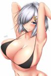  1girl armpits arms_behind_head bikini black_bikini blue_eyes blush breasts cleavage collarbone hair_ornament hair_over_one_eye hairclip hamakaze_(kantai_collection) highres kantai_collection large_breasts looking_at_viewer short_hair silver_hair simple_background skindentation smile solo swimsuit terakoya upper_body white_background 