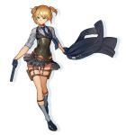  1girl ankle_socks bangs belt belt_buckle black_footwear blonde_hair blue_gloves blue_neckwear breasts buckle closed_mouth collar collared_shirt full_body girls_frontline gloves green_eyes grey_legwear gun holding holding_clothes holding_gun holding_jacket holding_weapon holster jacket looking_at_viewer medium_hair necktie shirt shoes skirt solo standing thigh_holster thigh_strap transparent_background twintails vest waistcoat weapon welrod_mk2 welrod_mk2_(girls_frontline) zhq7041 