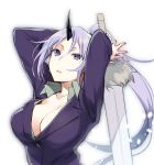  1girl arms_up blazer breasts cleavage collarbone collared_shirt dress_shirt floating_hair grey_shirt hair_between_eyes high_ponytail highres holding holding_sword holding_weapon horn jacket large_breasts long_hair long_sleeves mikoto_kei nail_polish open_blazer open_clothes open_jacket open_mouth open_shirt purple_eyes purple_jacket purple_nails shion_(tensei_shitara_slime_datta_ken) shirt silver_hair simple_background solo sword tensei_shitara_slime_datta_ken upper_body very_long_hair weapon white_background wing_collar 