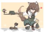  2girls 2others animal_ears beige_background bike_shorts border bow_(weapon) brown_eyes brown_hair commentary_request crossbow dog_ears dog_tail fairy_(kantai_collection) flat_chest fox full_body grey_skirt headband headgear heart kantai_collection kasashi_(kasasi008) kemonomimi_mode long_sleeves miniskirt multiple_girls multiple_others open_mouth paw_print pleated_skirt raccoon short_hair shorts shorts_under_skirt skirt smile squatting taihou_(kantai_collection) tail two-tone_background weapon white_border 