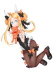  1girl abigail_williams_(fate/grand_order) absurdres animal_ears bangs black_bow black_footwear blonde_hair blue_eyes blush bow bunny_ears bunnysuit commentary_request fate/grand_order fate_(series) hair_bow highres long_hair looking_at_viewer orange_bow parted_bangs shoes simple_background simusong smile solo striped striped_legwear stuffed_animal stuffed_toy teddy_bear white_background wrist_cuffs 