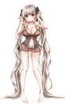  1girl absurdly_long_hair absurdres azur_lane babydoll bangs black_babydoll blunt_bangs blush breasts bunny_pose cleavage closed_mouth collarbone covered_nipples eyebrows_visible_through_hair formidable_(azur_lane) full_body garter_belt grey_hair hair_ribbon highres honyang large_breasts lingerie long_hair looking_at_viewer navel negligee nipples panties pussy red_eyes ribbon see-through sidelocks simple_background solo standing stomach thighhighs twintails two-tone_ribbon underwear underwear_only very_long_hair white_background white_legwear 