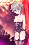  1girl ange_(princess_principal) auction bangs bar_censor bare_shoulders blue_eyes blush breasts censored chain closed_mouth collarbone commentary_request corset eyebrows_visible_through_hair garter_straps grey_hair hair_between_eyes navel nipples no_bra no_panties princess_principal pussy short_hair silhouette slave small_breasts solo_focus standing tears thighhighs vesperia 