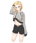  1girl absurdres android_18 angdo_(kakajo26) bangs black_shorts blonde_hair blue_eyes commentary dragon_ball dragon_ball_z frown grey_hoodie hand_in_hair highres hood hoodie long_sleeves looking_at_viewer navel parted_bangs short_shorts shorts simple_background sleeves_past_wrists solo white_background 