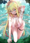  1girl bent_over bikini blonde_hair blush bracelet braid breasts cleavage collar collarbone commentary_request dappled_sunlight earrings elf grass green_eyes hanging_breasts jewelry large_breasts long_hair looking_at_viewer navel open_mouth original pink_bikini pointy_ears shirosuzu solo sunlight swimsuit thigh_strap very_long_hair wet 