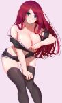  1girl bare_shoulders blush breasts cleavage collarbone fang green_eyes highres katarina_du_couteau large_breasts league_of_legends long_hair looking_at_viewer midriff navel off_shoulder open_mouth pao_mian+dan red_hair scar scar_across_eye smile solo thighhighs 