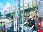  1boy 1girl 5114ave absurdres bicycle black_shirt brown_hair can east_japan_railway_company fence ground_vehicle guard_rail highres holding holding_can light_brown_hair looking_at_viewer original ponytail shirt sidelocks solo_focus t-shirt train train_station vending_machine watch wristwatch 