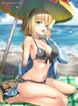  1girl ayakawa_riku bangs barefoot bikini black_bikini black_bow black_scrunchie blonde_hair blue_jacket blurry blurry_background bow braid braided_ponytail breasts cleavage clothes_down cloud collarbone day eyebrows_visible_through_hair fate/grand_order fate_(series) food frilled_bikini_bottom front-tie_bikini front-tie_top hair_bow hair_ornament hair_scrunchie holding holding_food ice_cream jacket jeanne_d&#039;arc_(fate)_(all) jeanne_d&#039;arc_(swimsuit_archer) long_hair looking_at_viewer navel ocean outdoors parasol print_bikini_top scrunchie single_braid sitting solo swimsuit tongue tongue_out umbrella underboob very_long_hair wariza 