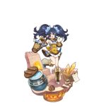  bike_shorts black_hair boots bucket dragalia_lost fang fire furnace gem gloves hair_ornament long_hair miniskirt non-web_source official_art open_hand open_mouth overflow renee_(dragalia_lost) ripples saitou_naoki skirt transparent_background two_side_up water yellow_eyes 