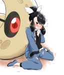  1girl bangs black_hair black_sclera blue_eyes blue_footwear blue_pants blue_shirt blush breath clenched_hand closed_mouth commentary_request eyebrows_visible_through_hair fingering flat_chest full_body gen_3_pokemon gym_leader hair_bun hair_ribbon hand_under_clothes hand_up heart highres kurosawa_karura long_sleeves lunatone masturbation nose_blush one_eye_closed pants poke_ball_symbol poke_ball_theme pokemon pokemon_(creature) pokemon_(game) pokemon_oras ran_(pokemon) red_eyes ribbon shiny shiny_hair shirt shoes short_hair simple_background sitting solo_focus spoken_heart sweat tied_hair translation_request trembling wariza wavy_mouth white_background white_ribbon wince 