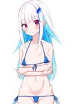  1girl ass_visible_through_thighs bangs bare_shoulders bikini blue_bikini blue_bikini_bottom blue_bikini_top blush breasts closed_mouth collarbone crossed_arms eyebrows_visible_through_hair fuji_yoshida hair_ornament highres lize_helesta long_hair looking_to_the_side medium_breasts micro_bikini multicolored_hair nijisanji shy simple_background solo standing stomach swimsuit thick_thighs thighs two-tone_hair virtual_youtuber white_hair 