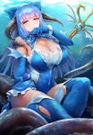  1girl bangs bare_shoulders blue_bow blue_gloves blue_hair blue_legwear blue_swimsuit blunt_bangs bow breasts cleavage cleavage_cutout curvy elbow_gloves eyebrows_visible_through_hair gem gloves hair_bow hair_ornament heart heart_hair_ornament highres large_breasts long_hair looking_at_viewer monster_girl obaoba_(monkeyix) original polearm red_eyes sidelocks solo swimsuit tentacles thighhighs thighs trident underwater very_long_hair weapon 