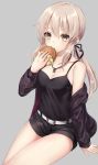  1girl arm_support artoria_pendragon_(all) bare_shoulders belt black_jacket black_shirt black_shorts breasts brown_eyes brown_hair camisole cleavage collarbone commentary_request fate/grand_order fate_(series) food grey_background hair_ribbon hamburger hand_up harimoji holding holding_food invisible_chair jacket jewelry long_hair long_sleeves looking_at_viewer low_ponytail medium_breasts necklace off_shoulder open_clothes open_jacket ribbon saber_alter saber_alter_costume_ver._shinjuku_1999 shirt short_shorts shorts sidelocks sitting sleeveless sleeveless_shirt solo thighs 