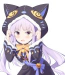 1girl absurdres animal_ears animal_hood arms_up bell black_jacket black_skirt blue_bow blush bow brown_bow brown_eyes cat_ears cat_hood commentary_request fake_animal_ears fur-trimmed_hood fur-trimmed_sleeves fur_trim hands_up highres hikawa_kyoka hood hood_up jack-o&#039;-lantern jacket jingle_bell long_hair long_sleeves open_mouth pointy_ears princess_connect! princess_connect!_re:dive purple_hair roido_(taniko-t-1218) simple_background skirt solo tears twintails very_long_hair white_background wide_sleeves 