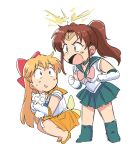  2girls aino_minako angry annoyed artemis_(sailor_moon) bishoujo_senshi_sailor_moon blonde_hair bow brown_hair cat chibi circlet full_body green_footwear green_sailor_collar green_skirt hair_bow half_updo high_ponytail highres holding holding_cat kino_makoto long_hair multiple_girls no_nose open_mouth orange_sailor_collar orange_skirt ponytail red_bow sailor_collar sailor_jupiter sailor_senshi_uniform sailor_venus skirt squatting surprised tsubobot 