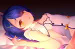  1girl amamiya_kokoro bed blue_hair blue_nails blush breasts cleavage detached_collar fang hair_ornament highres long_hair looking_at_viewer lying nail_polish neit_ni_sei nijisanji on_back on_bed open_mouth pillow sleeveless solo twintails upper_body very_long_hair virtual_youtuber yellow_eyes 