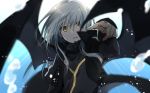  1other black_coat black_wings floating_hair index_finger_raised long_hair long_sleeves looking_at_viewer mikoto_kei open_mouth rimuru_tempest shiny shiny_hair silver_hair solo tensei_shitara_slime_datta_ken upper_body wings yellow_eyes 