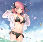 1girl 6u_(eternal_land) absurdres armpit_peek bare_shoulders bikini bikini_under_clothes black_bikini blue_eyes blue_sky blush bracelet breasts cleavage cloud cloudy_sky collarbone cowboy_shot day front-tie_bikini front-tie_top go-toubun_no_hanayome hair_ornament halter_top halterneck hands_up highres jacket jewelry leaf leaves_in_wind long_sleeves looking_at_viewer medium_breasts nakano_nino navel off_shoulder open_clothes open_jacket outdoors petals petals_on_liquid scan see-through short_hair side-tie_bikini sky smile solo standing stomach swimsuit thighs two_side_up wading water white_jacket wind 