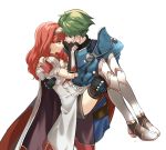  1boy 1girl alm_(fire_emblem) armor armored_boots black_legwear bodysuit boots cape carrying celica_(fire_emblem) couple dress earrings face-to-face fingerless_gloves fire_emblem fire_emblem_echoes:_shadows_of_valentia gloves green_eyes green_hair hand_on_another&#039;s_face hetero highres jewelry looking_at_another misu_kasumi princess_carry red_eyes red_hair ribbed_bodysuit signature simple_background smile thigh_boots thighhighs thighhighs_under_boots tiara white_background white_dress white_footwear 