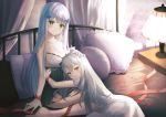  2girls alternate_costume bed bed_sheet breasts cleavage commentary_request curtains g11_(girls_frontline) girls_frontline green_eyes highres hk416_(girls_frontline) hug korean_commentary lamp large_breasts lingerie multiple_girls pajamas petting pillow ribbon sarablanche silver_hair underwear yellow_eyes 