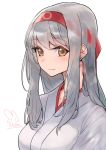  1girl breasts eyebrows_visible_through_hair hairband headband japanese_clothes kantai_collection large_breasts long_hair looking_at_viewer red_headband sensen shoukaku_(kantai_collection) silver_hair smile solo upper_body 