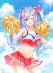  1girl ;d aoba_chise aoba_project armpits bare_arms bare_shoulders blue_sky bow breasts cheerleader cleavage cloud collarbone confetti cowboy_shot crop_top crop_top_overhang day groin hair_between_eyes hair_bow hands_up highres holding_pom_poms lavender_hair lens_flare long_hair looking_at_viewer medium_breasts midriff miniskirt navel one_eye_closed open_mouth outdoors pleated_skirt pom_poms purple_eyes red_bow red_shirt red_skirt sakura_moyon shirt skirt sky sleeveless sleeveless_shirt smile solo standing stomach sun sunlight thighs twintails very_long_hair 