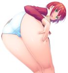  1girl akagami_no_shirayukihime cameltoe from_below green_eyes hair_between_eyes highres long_sleeves looking_at_viewer looking_back makatani open_mouth panties red_hair shiny shiny_hair shirayuki_(akagami_no_shirayukihime) short_hair simple_background solo sweatdrop underwear white_background white_panties 