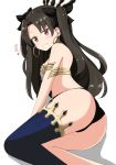  1girl absurdres aikawa_ryou ass bangs bare_shoulders black_hair black_panties black_ribbon blue_legwear blush commentary commentary_request earrings eyebrows_visible_through_hair fate/grand_order fate_(series) grin hair_ribbon highres hoop_earrings ishtar_(fate/grand_order) jewelry long_hair looking_at_viewer panties parted_bangs red_eyes ribbon shadow single_thighhigh smile solo thighhighs tiara translated two_side_up underwear very_long_hair white_background 
