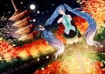  1girl autumn blue_eyes blue_hair boots commentary detached_sleeves dutch_angle forest full_moon hatsune_miku headphones headset highres juu_satoshi kyoto long_hair moon nature necktie outstretched_arm pagoda ripples solo standing standing_on_liquid thigh_boots thighhighs twintails very_long_hair vocaloid zettai_ryouiki 