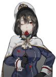  1girl black_gloves black_hair breasts cape flower gloves hand_on_hip hat holding holding_flower kantai_collection large_breasts lips looking_at_viewer military military_uniform nello_(luminous_darkness) one_eye_closed peaked_cap red_eyes red_flower red_rose rose short_hair simple_background solo takao_(kantai_collection) uniform upper_body white_background white_cape white_headwear 