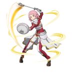  1girl bangs brown_footwear cape hair_ornament hairclip highres holding holding_shield lisbeth lisbeth_(sao-alo) long_sleeves mace official_art panties pointy_ears red_eyes red_shirt shield shirt shoulder_armor solo standing swept_bangs sword_art_online transparent_background underwear waist_cape weapon white_cape white_panties 