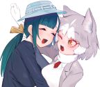  2girls :d ;d ^_^ animal_ears breasts closed_eyes dog_(mixed_breed)_(kemono_friends) dog_ears eyebrows_visible_through_hair gloves green_hair grey_hair hair_ribbon hat hug juz kemono_friends low_ponytail multicolored_hair multiple_girls one_eye_closed open_mouth ribbon sidelocks simple_background smile tomoe_(kemono_friends)_(niconico88059799) two-tone_hair white_background white_gloves white_hair yellow_eyes yellow_ribbon 