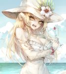  1girl au_ra bare_shoulders beach black_nails blonde_hair blue_sky bow breasts cherry cleavage cloud cocktail_glass covered_navel crossed_arms cup curled_horns day dragon_girl dragon_horns drinking_glass eyelashes final_fantasy final_fantasy_xiv fingernails flower food fruit hat hat_flower hibiscus highres holding holding_cup horns long_hair medium_breasts nourian ocean one-piece_swimsuit open_mouth orange_eyes outdoors pink_flower scales sky solo straight_hair sun_hat swimsuit teeth water white_bow white_flower white_horns white_swimsuit wrist_flower 
