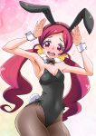  1girl animal_ears black_leotard bow bowtie breasts bunny_ears bunny_girl bunny_pose bunny_tail bunnysuit commentary_request covered_navel cowboy_shot detached_collar embarrassed eunos flying_sweatdrops hanasaki_tsubomi heartcatch_precure! highres leotard long_hair looking_at_viewer low_twintails open_mouth pantyhose pink_eyes pink_hair precure round_teeth small_breasts solo strapless strapless_leotard sweat tail teeth twintails upper_teeth wrist_cuffs 
