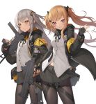  2girls absurdres black_legwear brown_eyes brown_hair fingerless_gloves girls_frontline gloves grey_hair gun highres jacket mokew multiple_girls one_side_up pantyhose purple_eyes ribbon scar scar_across_eye shirt skirt smile submachine_gun twintails ump45_(girls_frontline) ump9_(girls_frontline) weapon white_shirt 