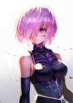  1girl blue_eyes breasts closed_mouth commentary_request fate/grand_order fate_(series) gradient gradient_background grey_background hair_over_one_eye highres kuroi_susumu looking_to_the_side mash_kyrielight medium_breasts pink_hair short_hair solo white_background 