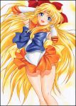  1girl :d arms_behind_head bishoujo_senshi_sailor_moon blonde_hair blue_eyes blue_neckwear blush bow covered_navel elbow_gloves eyebrows_visible_through_hair floating_hair gloves hair_bow head_tilt long_hair looking_at_viewer miniskirt open_mouth orange_sailor_collar orange_skirt pleated_skirt red_bow sailor_collar sailor_senshi_uniform sailor_venus shiny shiny_clothes shirt simple_background skirt sleeveless sleeveless_shirt smile solo standing very_long_hair white_background white_gloves white_shirt yadokari_genpachirou 