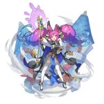  animal_ear_fluff animal_ears bell blue_hair breasts bunny_ears cape cleo_(dragalia_lost) dragalia_lost gradient_hair hair_bell hair_ornament high_heels large_breasts long_hair magic multicolored_hair non-web_source official_art open_clothes open_mouth open_shirt pink_hair purple_eyes purple_hair saitou_naoki solo staff tabard thighhighs transparent_background twintails white_legwear wind 